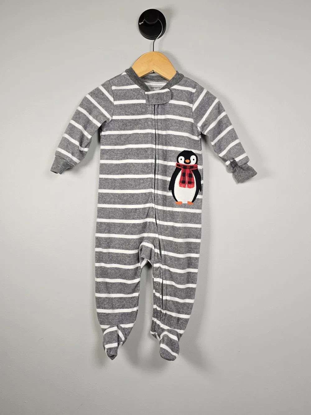 Carter's Fleece Gray & White Striped Penguin Footed One-Piece